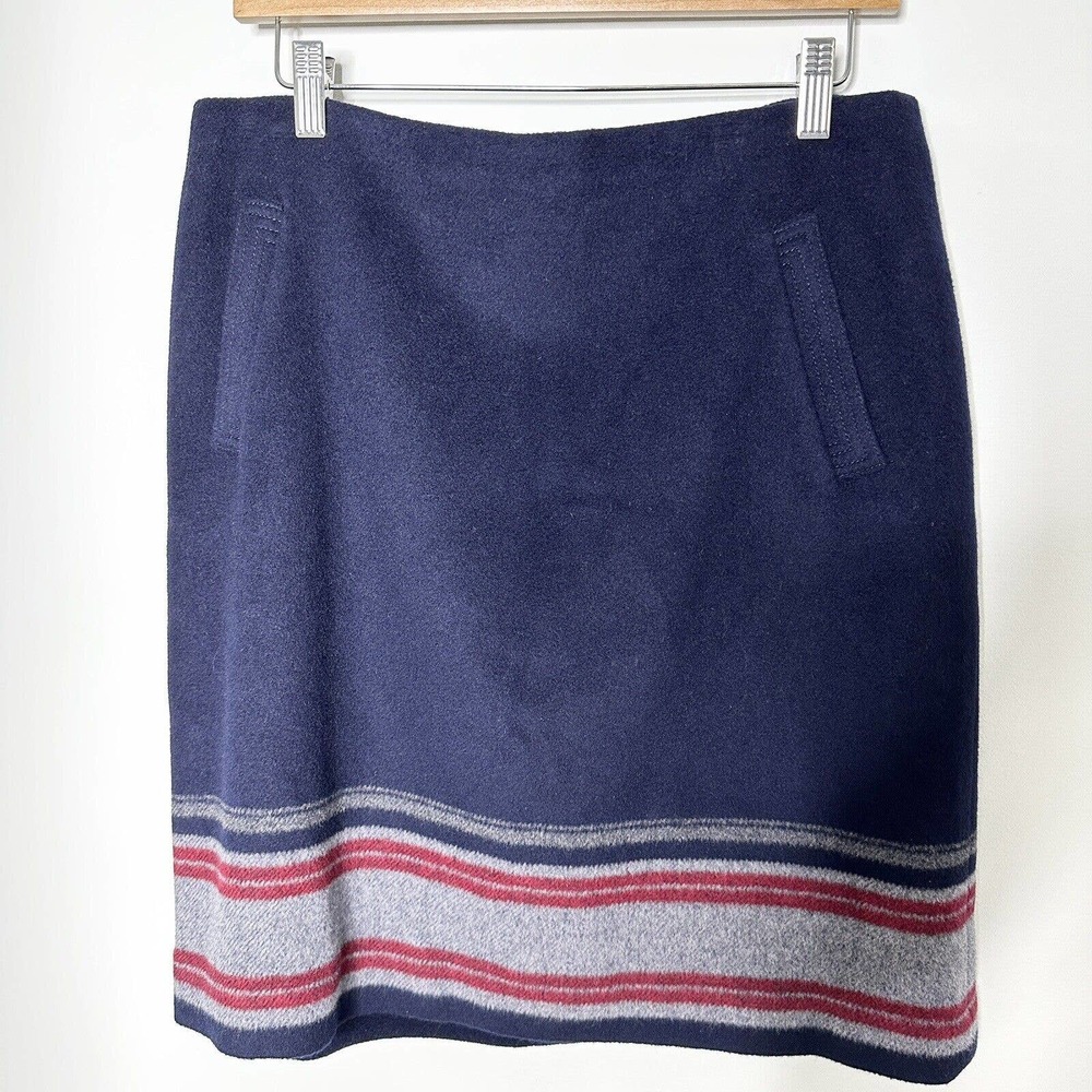 Talbots Women's Size 10 Skirt Navy Blue Striped Wool Blend Lined Pockets. W 32"
